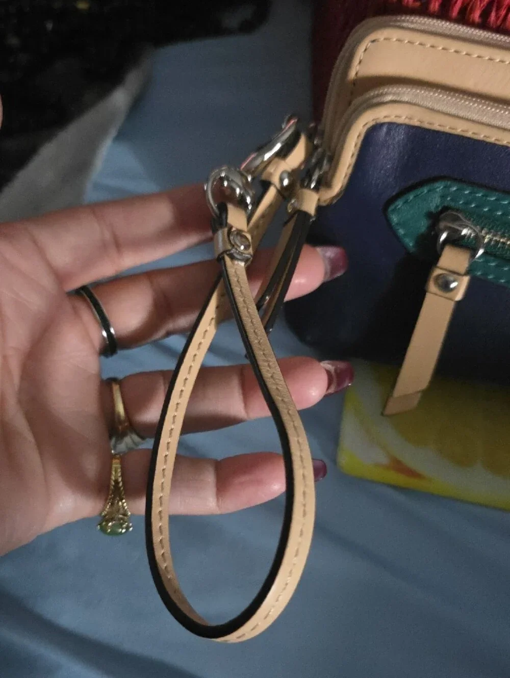 Coach Navy and Beige Leather Wristlet with Green Trim
